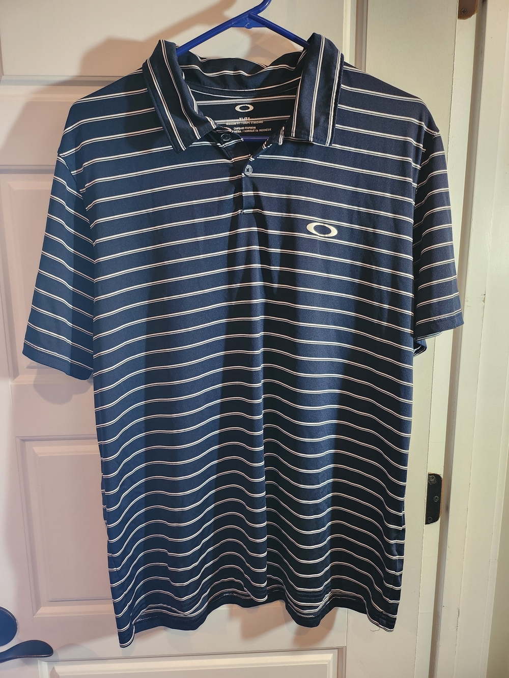 Oakley Navy and White Striped Performance Polo